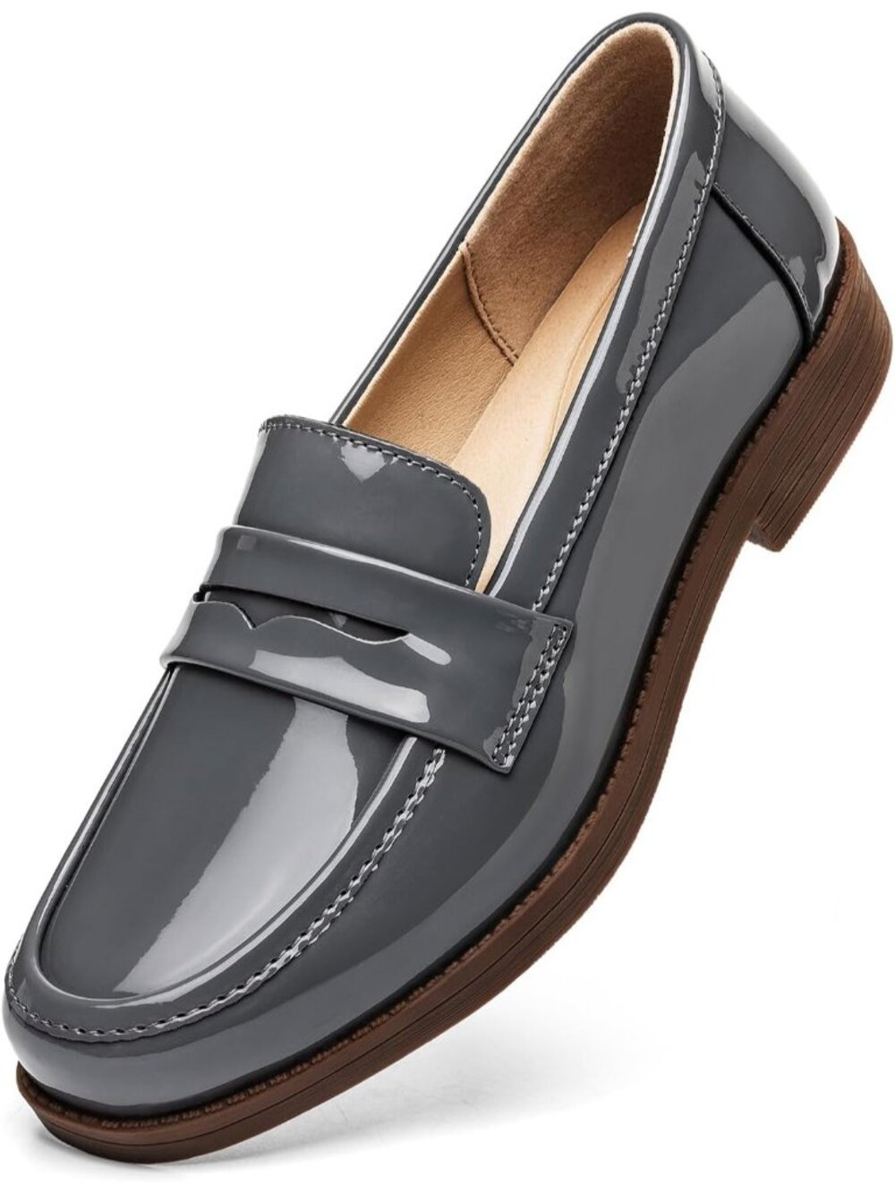 Women’s Grey Patent Comfortable Penny Loafers Slip On Casual Walking Flat Shoes